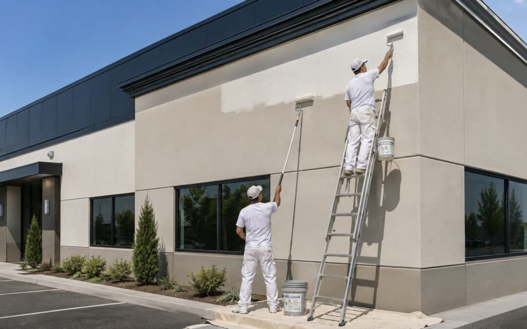 Two painters painting a commercial exterior wall from ladders